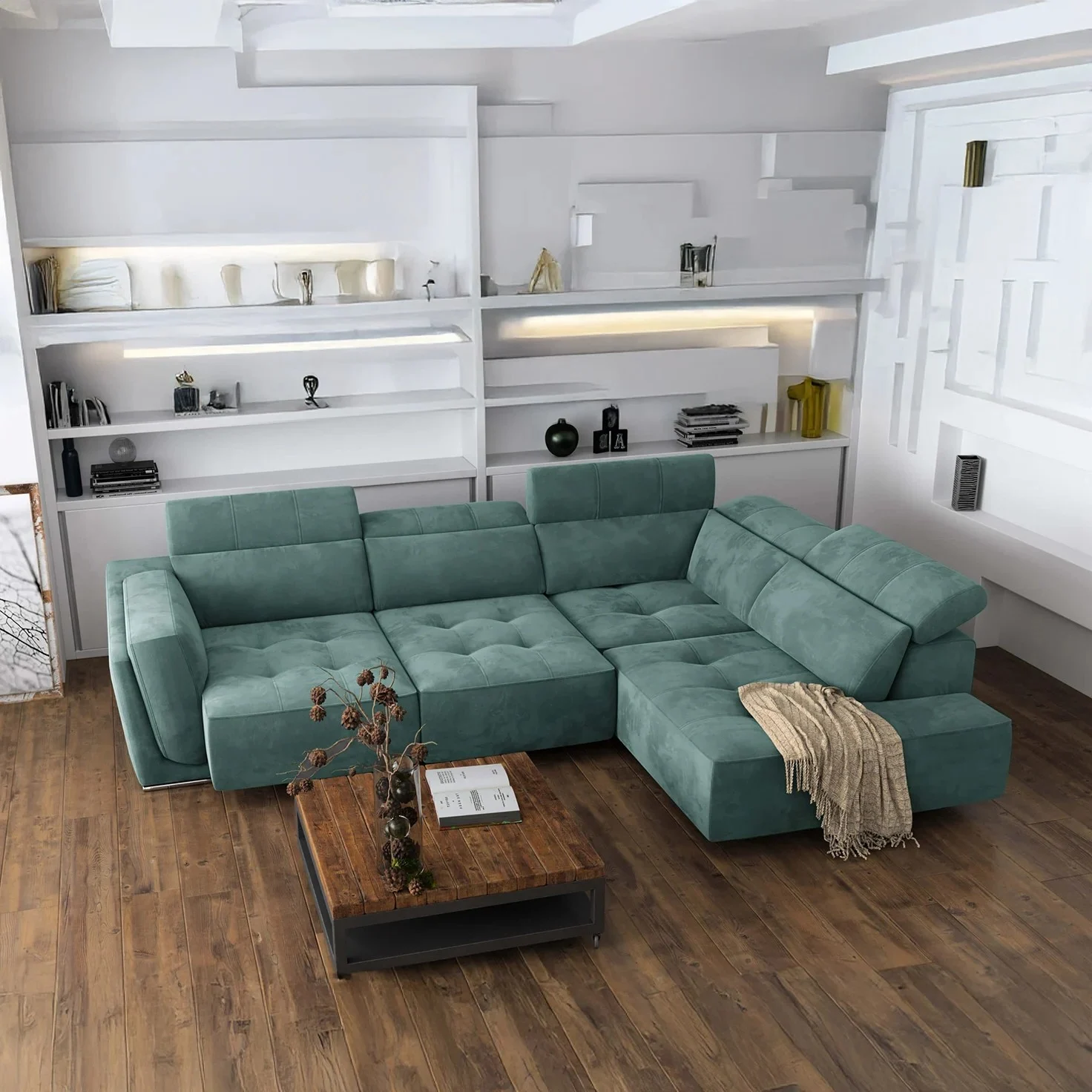 Bilbao Ocean Teal Sectional Sofa Right Bumper Chaise