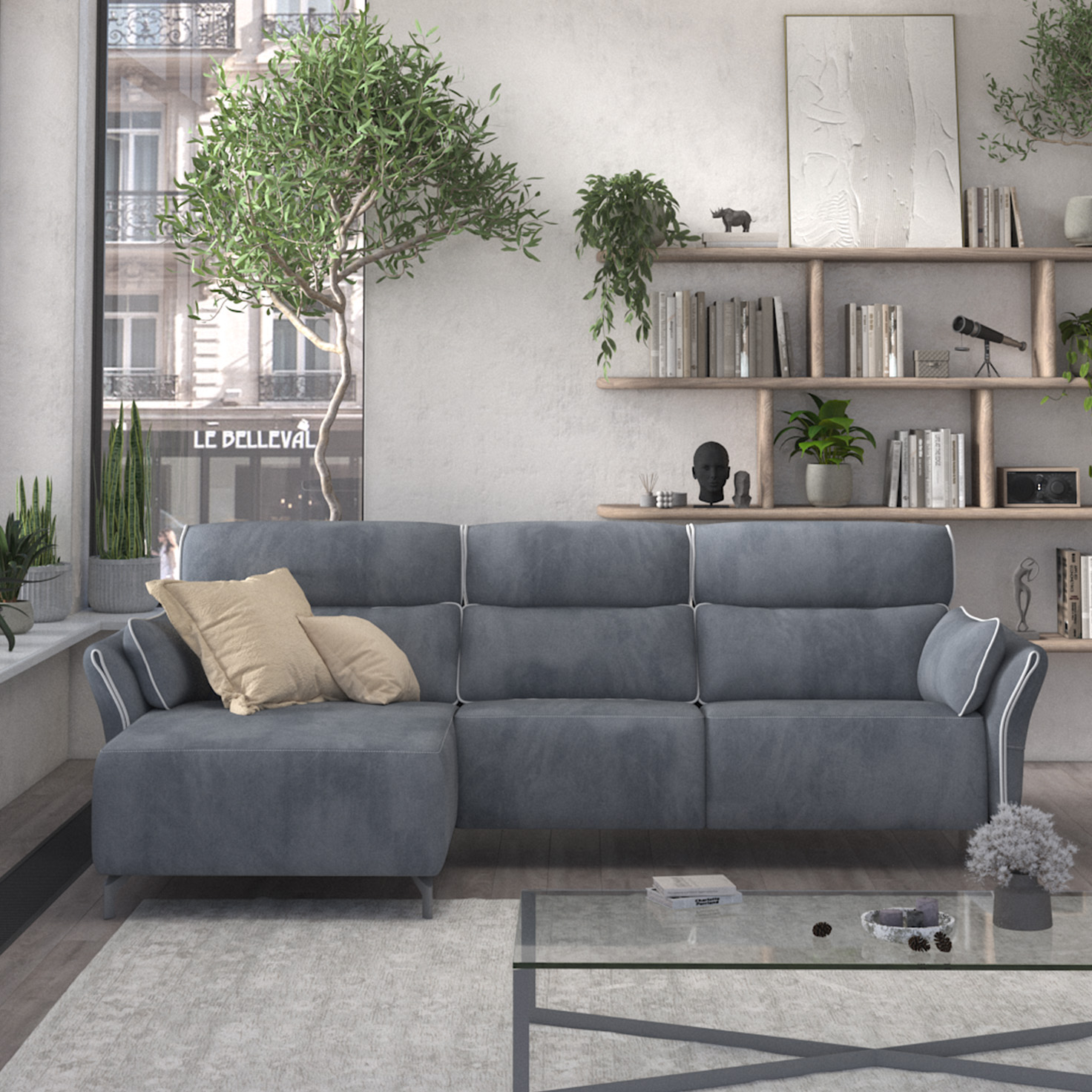 Adriana Blue Gray Sectional Sofa Left Chaise with two power recliners