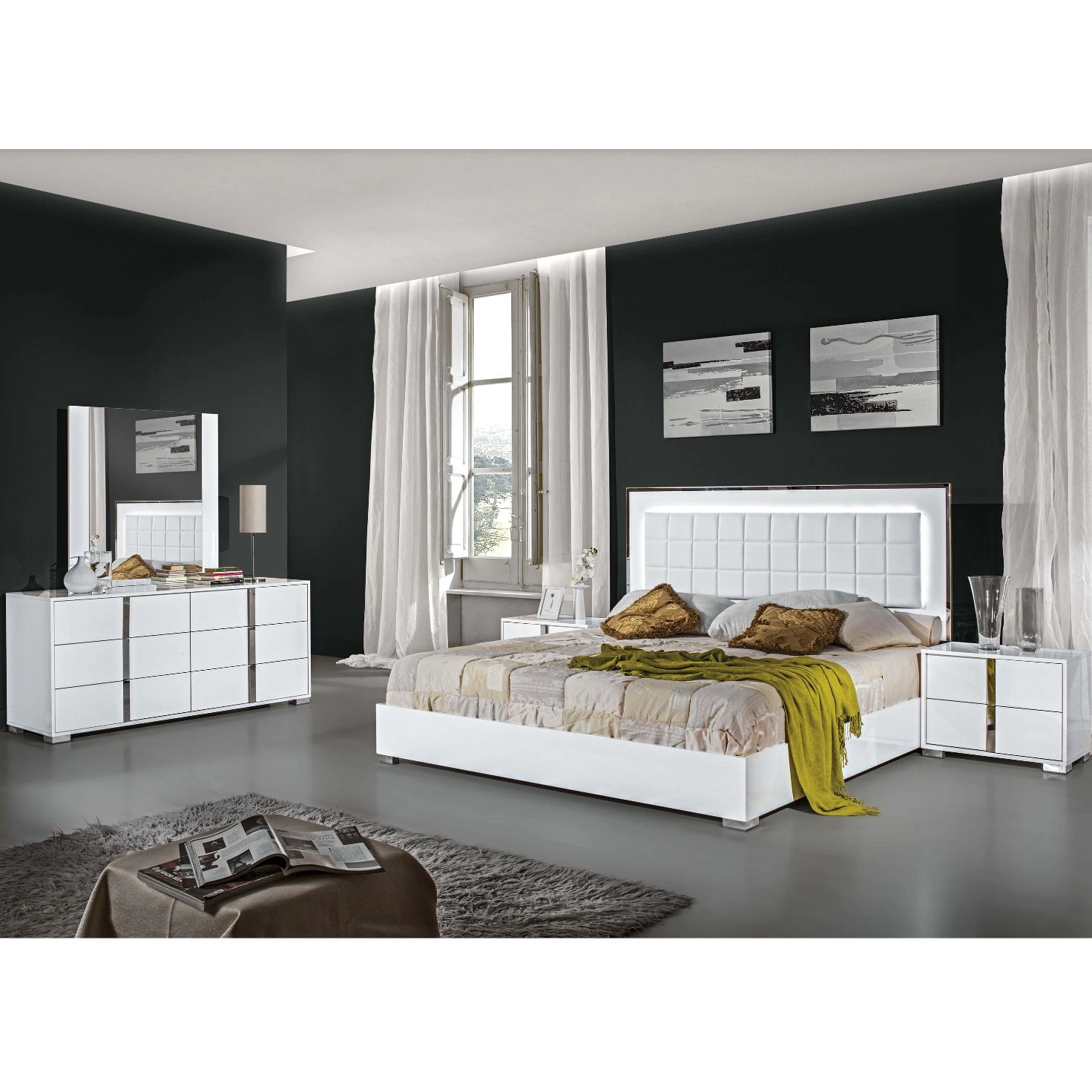 Aurelio White High Gloss Bedroom Set