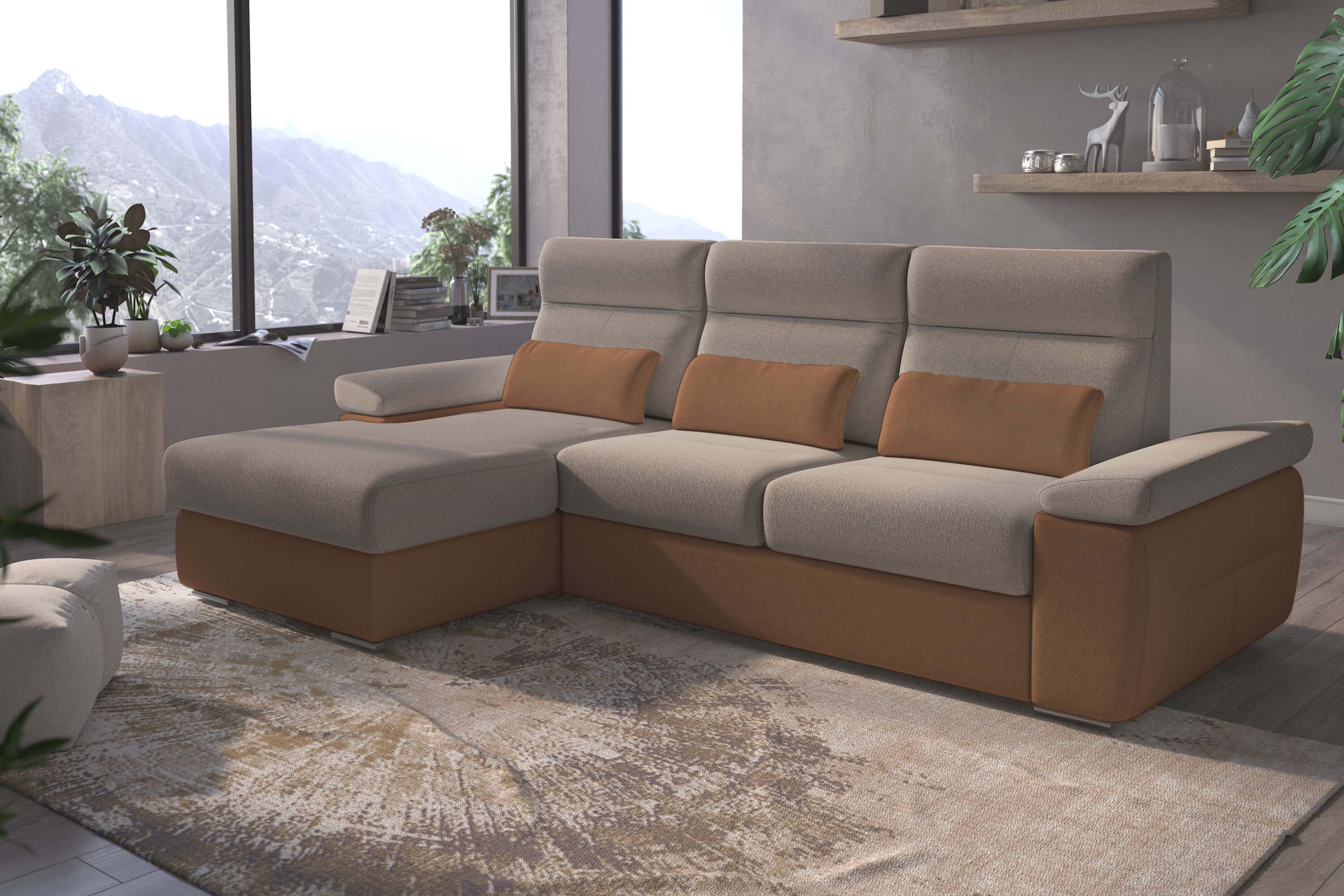 Granada Left Facing Chaise Beige and Cognac Two Tone Fabric Sectional Sofa Bed - Image 2