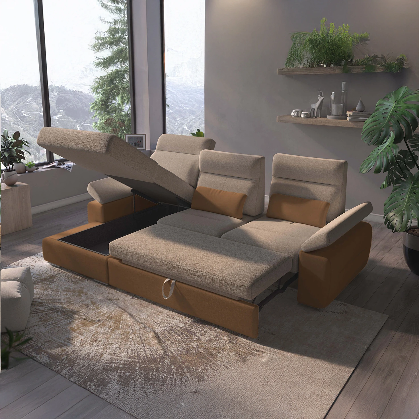 Granada Left Facing Chaise Beige and Cognac Two Tone Fabric Sectional Sofa Bed